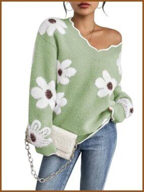 Oversized V-Neck Fuzzy Sweater Chunky Knit Pullover